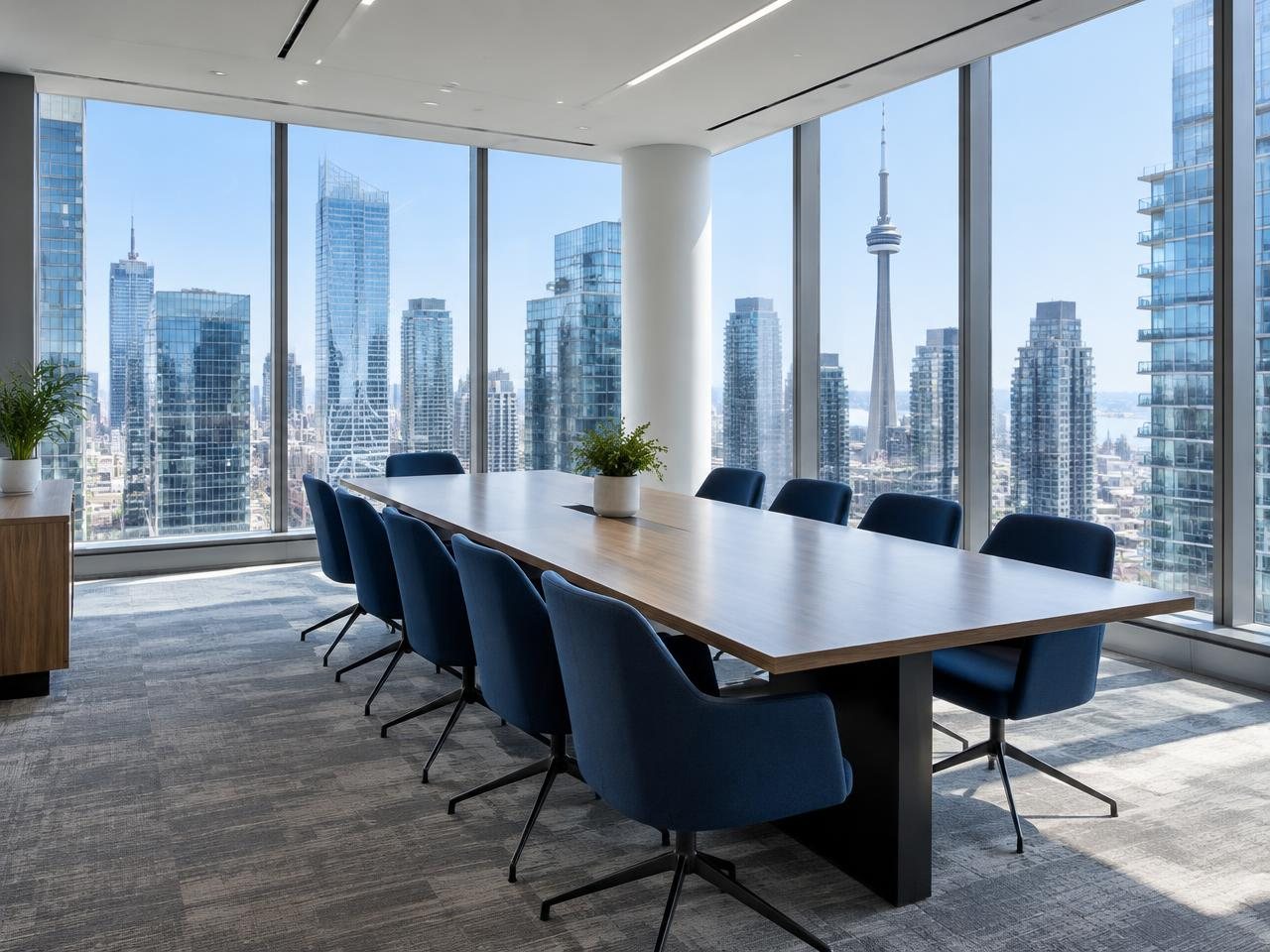 Illustrative modern meeting room overlooking Toronto’s office skyline